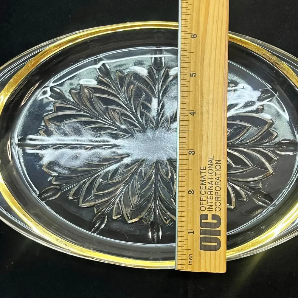 Vintage Jeannette glass feather gold rim tray 10.25x6.25 inches mcm‎ elegant